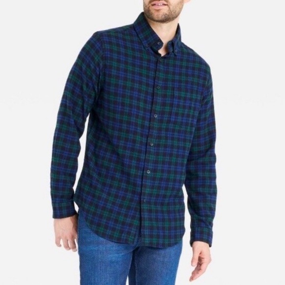 GOODFELLOW Mens Blue Green Plaid Standard Fit Front Bottom Midweight Shirt Large - Picture 1 of 8